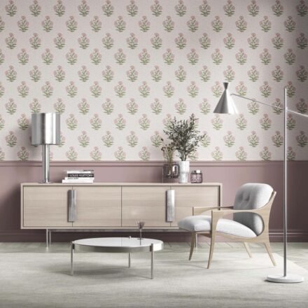 'Darner' Floral Block Print Wallpaper (Pale Pink/ Green) - Image 2