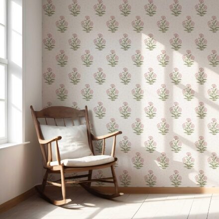 'Darner' Floral Block Print Wallpaper (Pale Pink/ Green) - Image 5