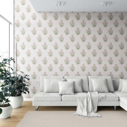 'Darner' Floral Block Print Wallpaper (Pale Pink/ Green) - Image 6