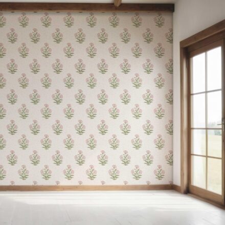 'Darner' Floral Block Print Wallpaper (Pale Pink/ Green) - Image 7