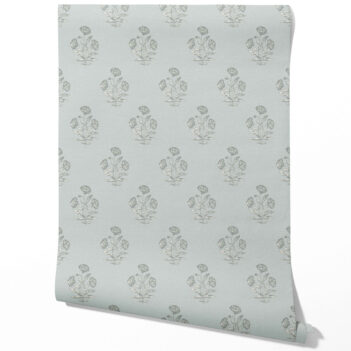 'Arles' Floral Block Print Wallpaper (Shell Blue/ Gray)