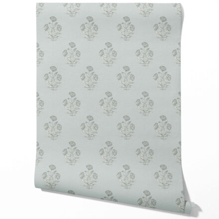 'Arles' Floral Block Print Wallpaper (Shell Blue/ Gray)