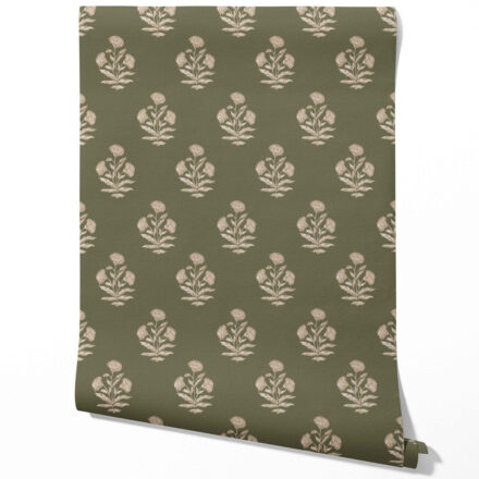 'Wispa' Floral Block Print Wallpaper (Olive Green/ Beige)