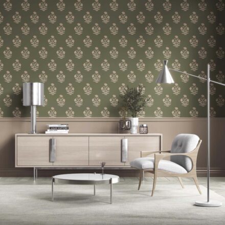 'Wispa' Floral Block Print Wallpaper (Olive Green/ Beige) - Image 2