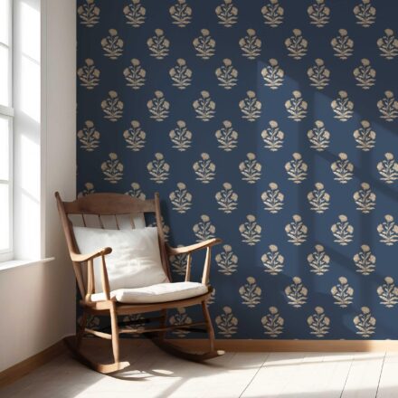'Shikara' Floral Block Print Wallpaper (Navy Blue/ Beige) - Image 5