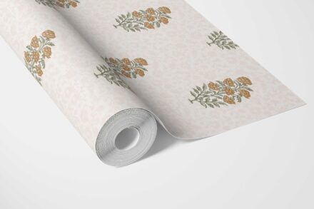 'Frosty Flakes' Floral Block Print Wallpaper (Mustard Yellow/ Green) - Image 3
