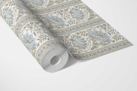 'Koumudi' Vintage Floral Striped/ Botanical Wallpaper (Blue/ Green/ Sage Gray) - Image 3
