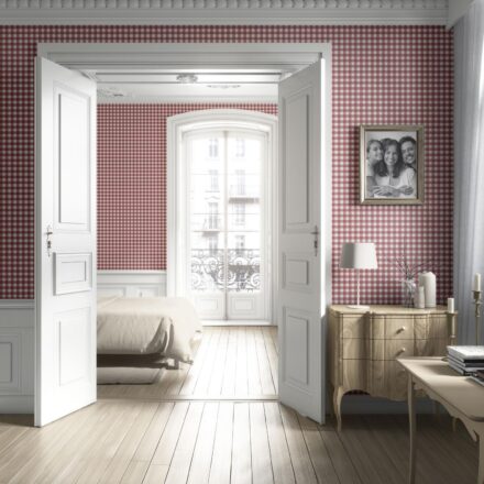 'Bubbly Bell' Geometric Gingham Checkered Wallpaper (Cranberry Red) - Image 2