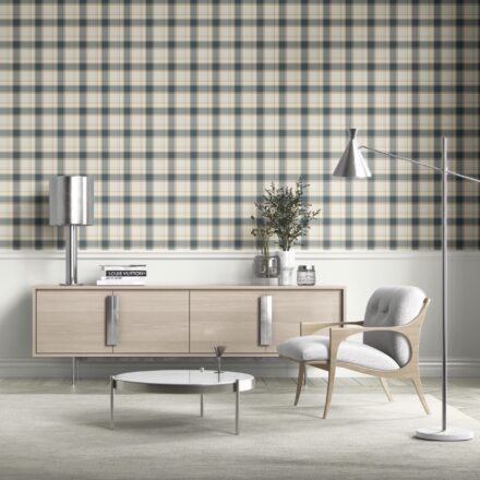 'Fig Bay' Neutral Geometric Plaid Checkered Wallpaper (Teal Blue/ Off-White/ Beige) - Image 2