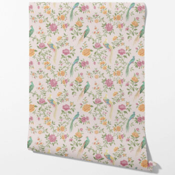 'Hiroto' Floral Chinoiserie/ Nature Bird Print Wallpaper (Blush Pink/ Blue/ Green/ Orange/ Yellow)