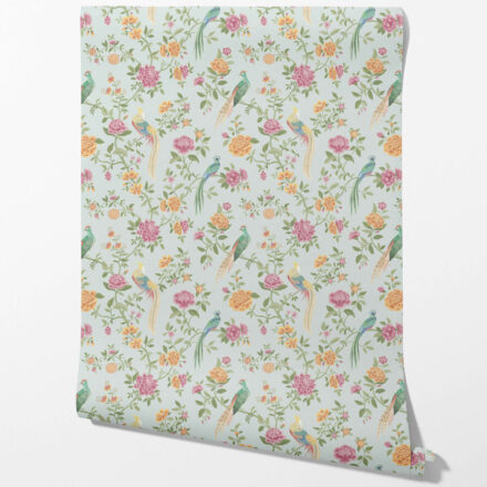 'Toucans' Floral Chinoiserie/ Nature Bird Print Wallpaper (Duck Egg Blue/ Pink/ Green/ Yellow)