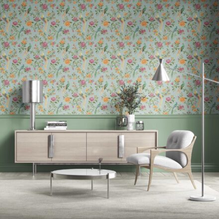 'Cherokee' Floral Chinoiserie/ Nature Bird Print Wallpaper (Blue/ Pink/ Green/ Yellow/ Orange) - Image 2