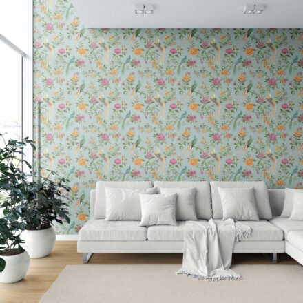 'Cherokee' Floral Chinoiserie/ Nature Bird Print Wallpaper (Blue/ Pink/ Green/ Yellow/ Orange) - Image 6