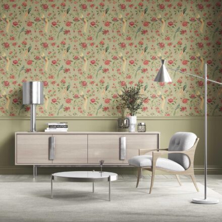 'Fired Ice' Floral Chinoiserie/ Nature Bird Print Wallpaper (Olive Green/ Red/ Yellow) - Image 2
