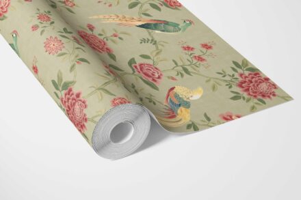 'Fired Ice' Floral Chinoiserie/ Nature Bird Print Wallpaper (Olive Green/ Red/ Yellow) - Image 3