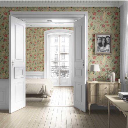 'Fired Ice' Floral Chinoiserie/ Nature Bird Print Wallpaper (Olive Green/ Red/ Yellow) - Image 4