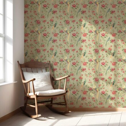 'Fired Ice' Floral Chinoiserie/ Nature Bird Print Wallpaper (Olive Green/ Red/ Yellow) - Image 5