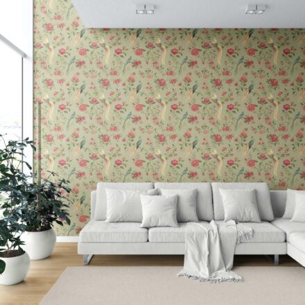 'Fired Ice' Floral Chinoiserie/ Nature Bird Print Wallpaper (Olive Green/ Red/ Yellow) - Image 6