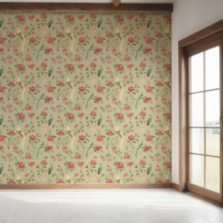 'Fired Ice' Floral Chinoiserie/ Nature Bird Print Wallpaper (Olive Green/ Red/ Yellow) - Image 7