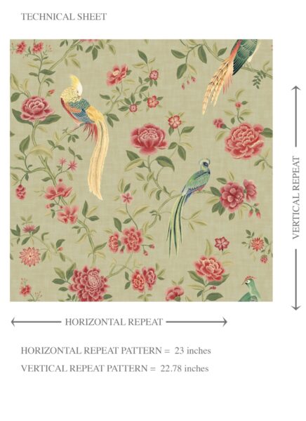 'Fired Ice' Floral Chinoiserie/ Nature Bird Print Wallpaper (Olive Green/ Red/ Yellow) - Image 8