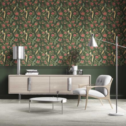 'Horizon View' Floral Chinoiserie/ Nature Bird Print Wallpaper (Green/ Pink/ Yellow) - Image 2
