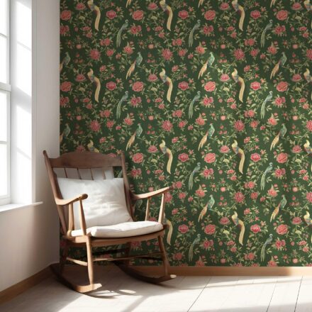 'Horizon View' Floral Chinoiserie/ Nature Bird Print Wallpaper (Green/ Pink/ Yellow) - Image 5