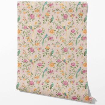 'Brunswick' Floral Chinoiserie/ Nature Bird Print Wallpaper (Pale Pink/ Green/ Blue/ Orange/ Yellow)