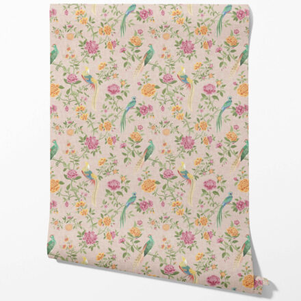 'Brunswick' Floral Chinoiserie/ Nature Bird Print Wallpaper (Pale Pink/ Green/ Blue/ Orange/ Yellow)