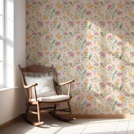 'Brunswick' Floral Chinoiserie/ Nature Bird Print Wallpaper (Pale Pink/ Green/ Blue/ Orange/ Yellow) - Image 5