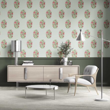 'Hosta' Floral Block Print Wallpaper (Mint Green/ Pink-Red)