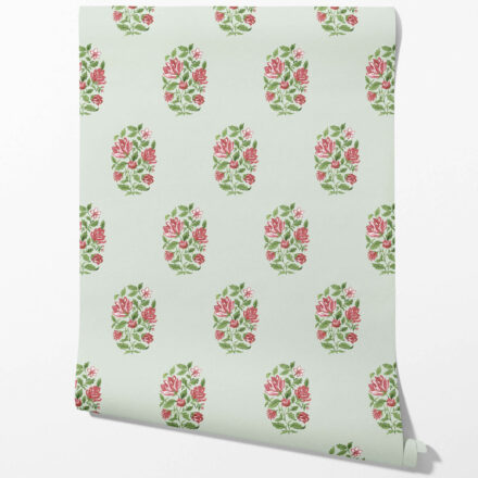 'Hosta' Floral Block Print Wallpaper (Mint Green/ Pink-Red) - Image 2