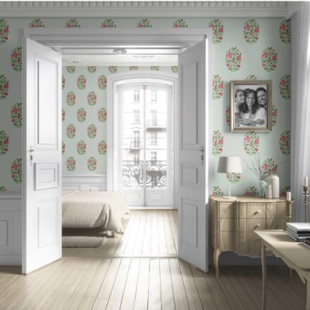 'Hosta' Floral Block Print Wallpaper (Mint Green/ Pink-Red) - Image 4