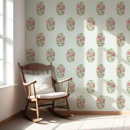 'Hosta' Floral Block Print Wallpaper (Mint Green/ Pink-Red) - Image 5