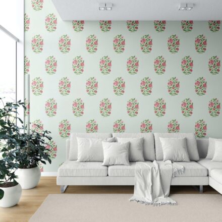 'Hosta' Floral Block Print Wallpaper (Mint Green/ Pink-Red) - Image 6