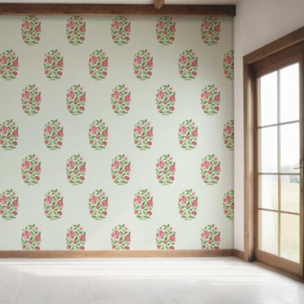 'Hosta' Floral Block Print Wallpaper (Mint Green/ Pink-Red) - Image 7