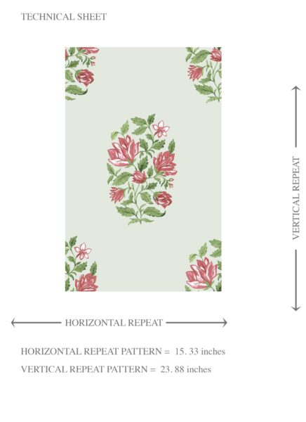 'Hosta' Floral Block Print Wallpaper (Mint Green/ Pink-Red) - Image 8