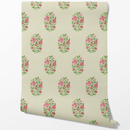 'Kaner' Floral Block Print Wallpaper (Sage Green/ Pink-Red) - Image 2