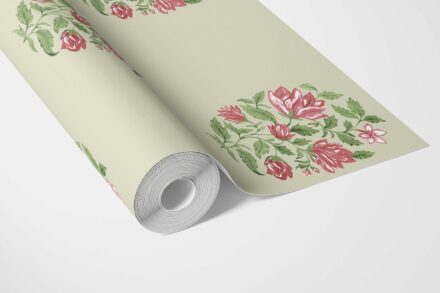 'Kaner' Floral Block Print Wallpaper (Sage Green/ Pink-Red) - Image 3