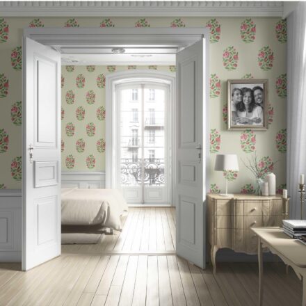 'Kaner' Floral Block Print Wallpaper (Sage Green/ Pink-Red) - Image 4