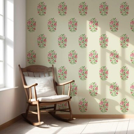 'Kaner' Floral Block Print Wallpaper (Sage Green/ Pink-Red) - Image 5