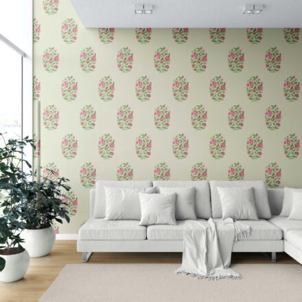 'Kaner' Floral Block Print Wallpaper (Sage Green/ Pink-Red) - Image 6
