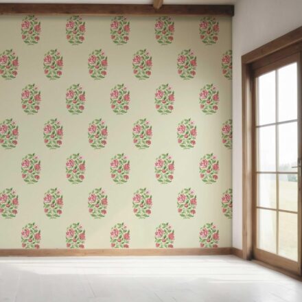'Kaner' Floral Block Print Wallpaper (Sage Green/ Pink-Red) - Image 7