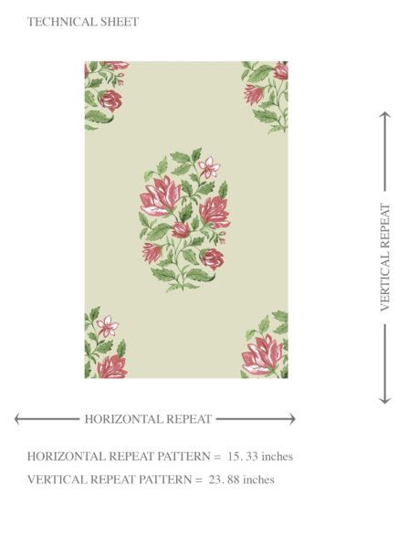 'Kaner' Floral Block Print Wallpaper (Sage Green/ Pink-Red) - Image 8