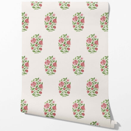'Verbena' Floral Block Print Wallpaper (White/ Green/ Pink-Red) - Image 2