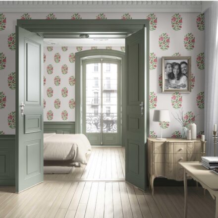'Verbena' Floral Block Print Wallpaper (White/ Green/ Pink-Red) - Image 4