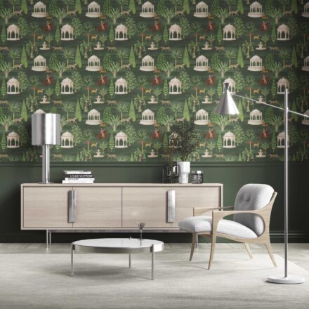 'Lupin' Vintage Heritage/ Ethnic Chinoiserie Wallpaper (Green/ White/ Brown/ Red)