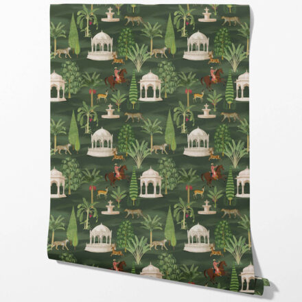 'Lupin' Vintage Heritage/ Ethnic Chinoiserie Wallpaper (Green/ White/ Brown/ Red) - Image 2