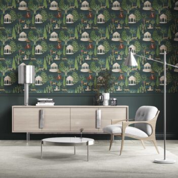 'Picturesque' Vintage Heritage/ Ethnic Chinoiserie Wallpaper (Teal Green/ White/ Brown/ Red)