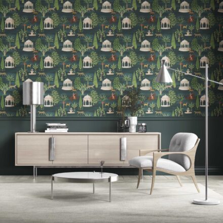 'Picturesque' Vintage Heritage/ Ethnic Chinoiserie Wallpaper (Teal Green/ White/ Brown/ Red)