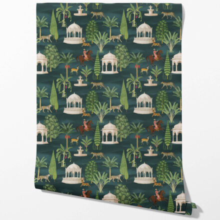 'Picturesque' Vintage Heritage/ Ethnic Chinoiserie Wallpaper (Teal Green/ White/ Brown/ Red) - Image 2